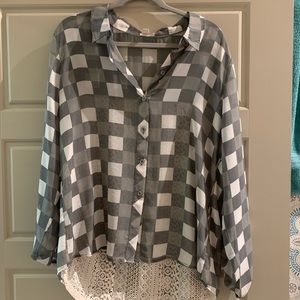Charming Charlie’s grey and white checked tunic with lace underlay